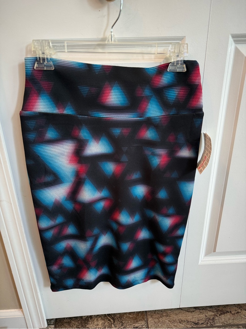 LuLaRoe Black Pencil Skirt with Blue and Pink Geometric Print